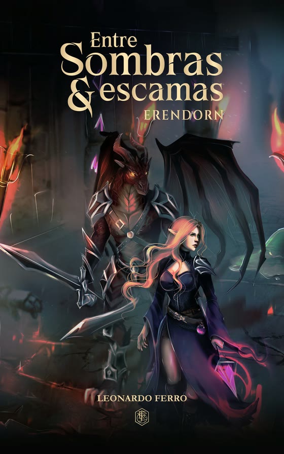 Capa de Entre Sombras & Escamas, de Leonardo Ferro: uma elfa de cabelos claros e um guerreiro de escamas escarlates entre tochas e runas violeta