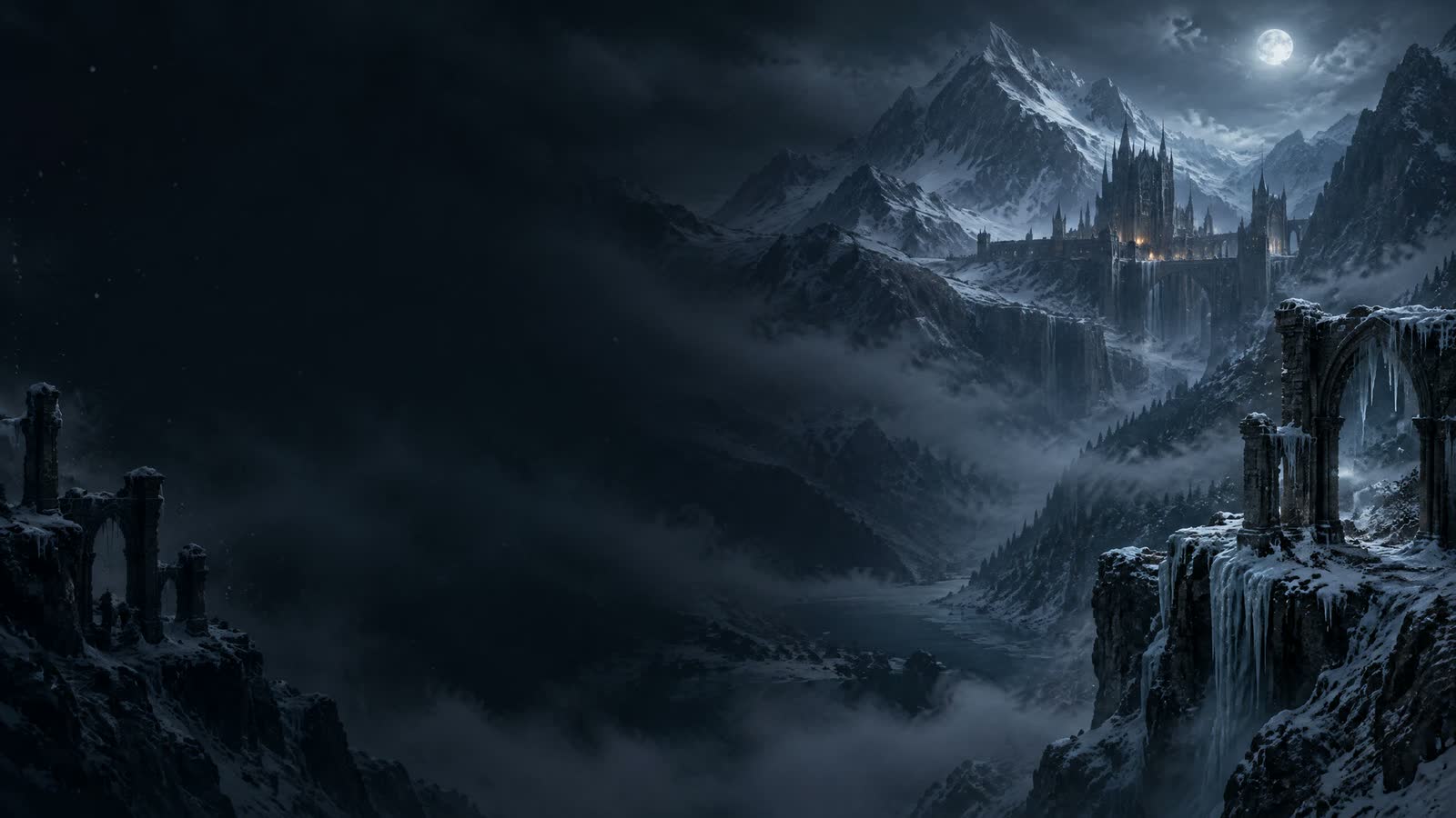 Eine erleuchtete gotische Festung über verschneiten Bergen unter dem Mond, in Erendorn
